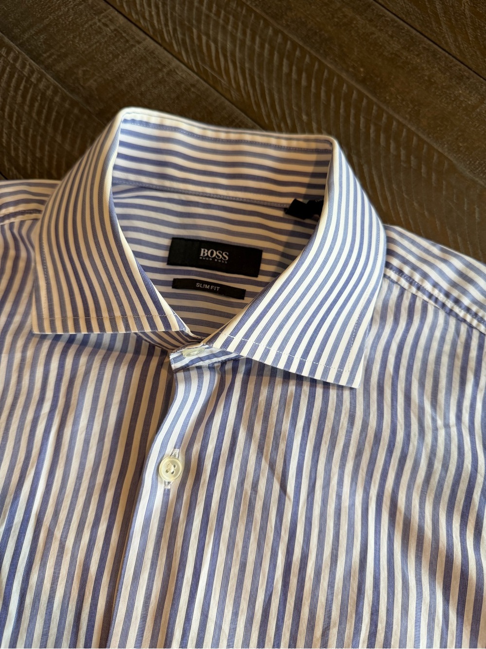 BOSS Blue and White Striped Dress Shirt